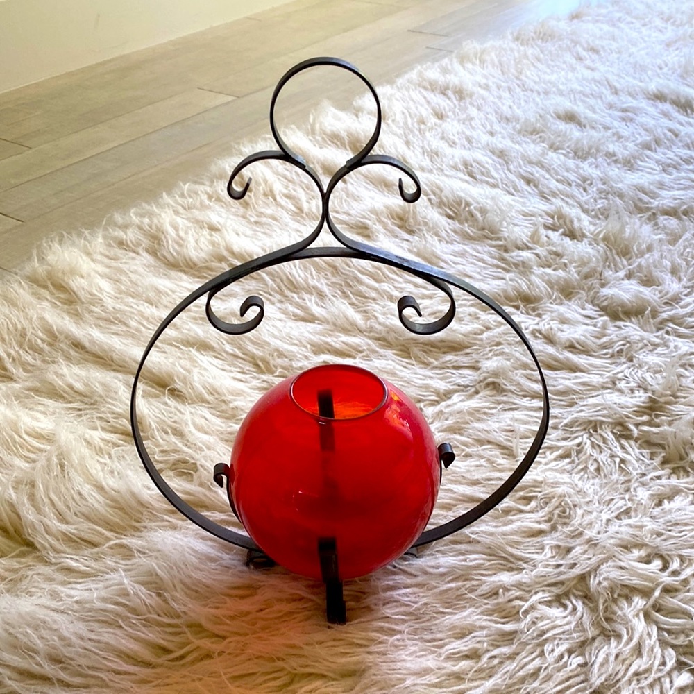 Vintage Red Glass Wrought Iron Lantern